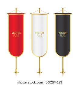 Set of vector banner flag templates hanging on a golden poles. Mockups of red, white and black gothic vertical flags with oval endings, isolated on a white background.