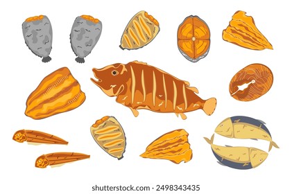 Satz von Vektorbannerillustrationen. Nette Symbole. Köstliches Essen. Thailändisches Essen. Gebratener Fisch. Gebratene Makrele. Gebratenes Gourami. Goldenes Gelb. Kochen von oben. Rezept. Menü. Restaurant für Speisen-Design. 