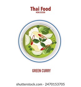 Set of vector banner illustrations with flat letters, delicious food.Thai food, green curry in a cup, top view cooking, recipes, menus, restaurants for food design, signs, posters, and backgrounds.