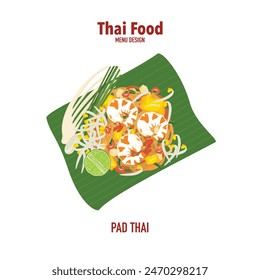 Set of vector banner illustrations with flat letters, delicious food.Thai food, Pad Thai on banana leaves cooking, recipes, menus, restaurants for food design, signs, posters, and backgrounds.