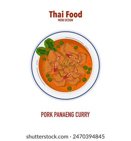 Set of vector banner illustrations with flat letters, delicious food.Thai food, Pork curry in a cup, top view cooking, recipes, menus, restaurants for food design, posters, and backgrounds.