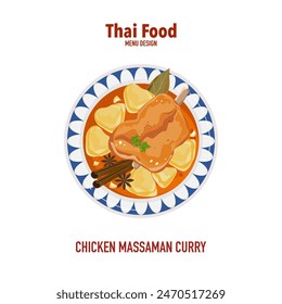 Set of vector banner illustrations with flat letters, delicious food.Thai food, Chicken massaman in a cup, top view cooking, recipes, menus, restaurants for food design, posters, and backgrounds.