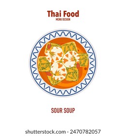 Set of vector banner illustrations with flat letters, delicious food.Thai food, Cha-om sour curry with eggs in a cup, top view cooking, recipes, menus, restaurants for food design, posters, and backgr