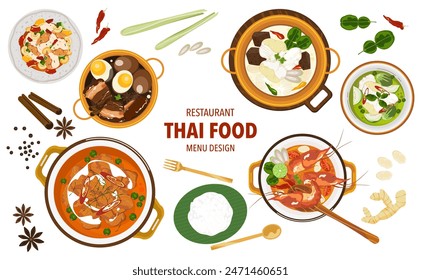 Set of vector banner illustrations with flat letters, delicious food. Thai food, red curry, tom yam, cooking from the top view, recipe, menu, restaurant for food design, poster. and background.