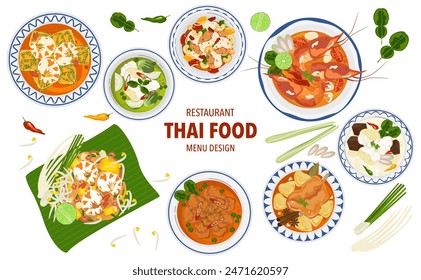 Set of vector banner illustrations with flat letters, delicious food. Thai food, red curry, tom yam, cooking from the top view, recipe, menu, restaurant for food design, poster. and background.