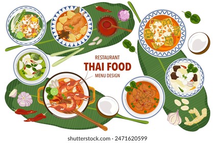 Set of vector banner illustrations with flat letters, delicious food. Thai food, red curry, tom yam, cooking from the top view, recipe, menu, restaurant for food design, poster. and background.