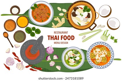 Set of vector banner illustrations with flat letters, delicious food. Thai food, red curry, tom yam, cooking from the top view, recipe, menu, restaurant for food design, poster. and background.