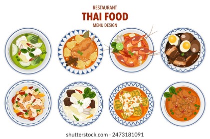 Set of vector banner illustrations with flat letters, delicious food. Thai food, red curry, tom yam, cooking from the top view, recipe, menu, restaurant for food design, poster. and background.