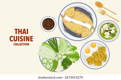 Set of vector banner illustrations with flat letters, delicious food. Thai food, red curry, tom yam, cooking from the top view, recipe, menu, restaurant for food design, poster. and background.