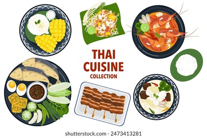 Set of vector banner illustrations with flat letters, delicious food. Thai food, red curry, tom yam, cooking from the top view, recipe, menu, restaurant for food design, poster. and background.