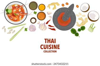 Set of vector banner illustrations with flat letters, delicious food. Thai food, red curry, tom yam, cooking from the top view, recipe, menu, restaurant for food design, poster. and background.