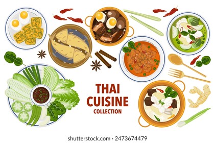 Set of vector banner illustrations with flat letters, delicious food. Thai food, red curry, tom yam, cooking from the top view, recipe, menu, restaurant for food design, poster. and background.