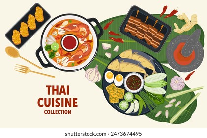 Set of vector banner illustrations with flat letters, delicious food. Thai food, red curry, tom yam, cooking from the top view, recipe, menu, restaurant for food design, poster. and background.