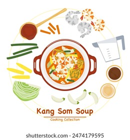 Set of vector banner illustrations with flat letters, delicious food.Thai food, Cha-om sour curry with eggs in a cup, top view cooking, recipes, menus, restaurants for food design, posters, and backgr