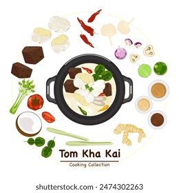 Set of vector banner illustrations with flat letters, delicious food.Thai food, chicken coconut soup in a cup, top view cooking, recipes, menus, restaurants for food design, posters, and backgrounds.