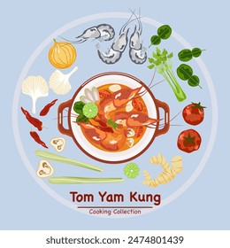 Set of vector banner illustrations with flat letters, delicious food.Thai food, spicy shrimp soup in a cup, top view cooking, recipes, menus, restaurants for food design, posters, and backgrounds.