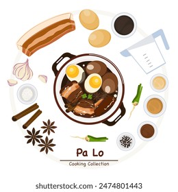 Set of vector banner illustrations with flat letters, delicious food.Thai food, stewed eggs in a cup, top view cooking, recipes, menus, restaurants for food design, posters, and backgrounds.