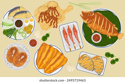 Set of vector banner illustrations with flat letters. Delicious food. Thai food, such as red curry, tom yam, and fried fish Cooking from top view, recipes, menus, restaurants for food design, posters.