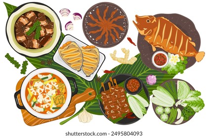 Set of vector banner illustrations with flat letters. Delicious food. Thai food, such as red curry, tom yam, and fried fish Cooking from top view, recipes, menus, restaurants for food design, posters.