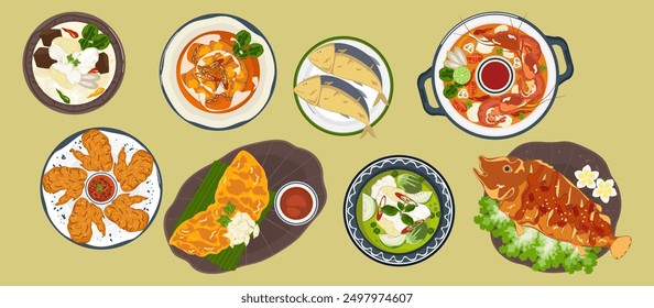 Conjunto de ilustraciones de Anuncio de Vector con letras planas. Comida deliciosa. Comida tailandesa, como curry rojo, ñame tom y pescado frito Cocina desde la vista superior, recetas, menús, restaurantes para el diseño de alimentos, carteles.