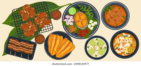 Set of vector banner illustrations with flat letters. Delicious food. Thai food, such as red curry, tom yam, and fried fish Cooking from top view, recipes, menus, restaurants for food design, posters.