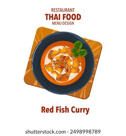 Set of vector banner illustrations with flat letters. Delicious food, Thai food, Red Fish Curry, Kaffir lime leaves recipes, menus, restaurants, food design, banners, posters, and white backgrounds.