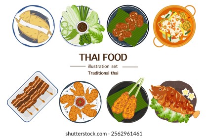 Set of vector banner illustrations with flat letters, delicious food. Thai food, red curry, tom yam, cooking from the top view, recipe, menu, restaurant for food design, poster. and background.