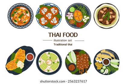 Set of vector banner illustrations with flat letters, delicious food. Thai food, red curry, tom yam, cooking from the top view, recipe, menu, restaurant for food design, poster. and background.