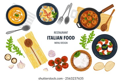 Set of vector banner illustrations with flat letters. Delicious food. Italian food, pasta, spaghetti, cooking from top view, recipes, menus, restaurants for food design, posters, and backgrounds.

