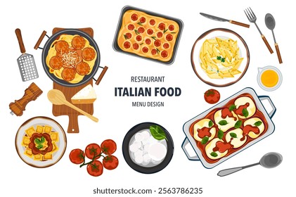 Set of vector banner illustrations with flat letters. Delicious food. Italian food, pasta, spaghetti, cooking from top view, recipes, menus, restaurants for food design, posters, and backgrounds.

