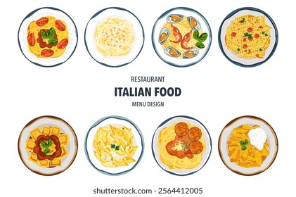 Set of vector banner illustrations with flat letters. Delicious food. Italian food, pasta, spaghetti, cooking from top view, recipes, menus, restaurants for food design, posters, and backgrounds.

