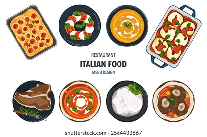 Set of vector banner illustrations with flat letters. Delicious food. Italian food, pasta, spaghetti, cooking from top view, recipes, menus, restaurants for food design, posters, and backgrounds.

