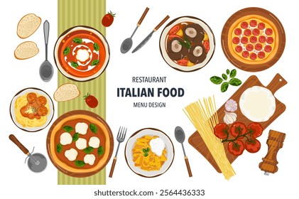 Set of vector banner illustrations with flat letters. Delicious food. Italian food, pasta, spaghetti, cooking from top view, recipes, menus, restaurants for food design, posters, and backgrounds.

