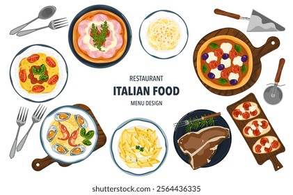 Set of vector banner illustrations with flat letters. Delicious food. Italian food, pasta, spaghetti, cooking from top view, recipes, menus, restaurants for food design, posters, and backgrounds.

