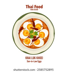 Set of vector banner illustrations with flat letters, delicious food, Thai food, son-in-law eggs, top view, Thai food recipes, menu, restaurant, food design, banners, posters, and white backgrounds.
