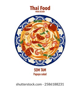 
Set of vector banner illustrations with flat letters, delicious food, Thai food, papaya salad, top view, Thai food recipe, menu, restaurant, food design, banner, poster, and white background.
