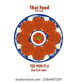 Set of vector banner illustrations with flat letters. Delicious food, Thai food, thai fish cakes, top view, Thai food recipes, menu, restaurant, food design, sign, poster, and white background.
