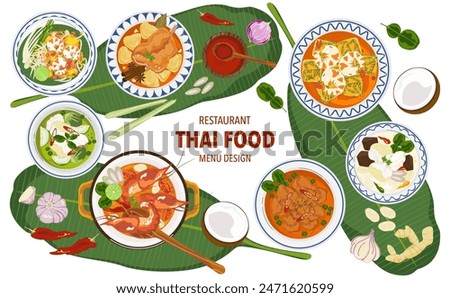 Set of vector banner illustrations with flat letters, delicious food. Thai food, red curry, tom yam, cooking from the top view, recipe, menu, restaurant for food design, poster. and background.