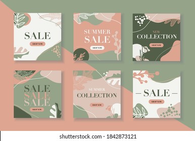 Set Of Vector Banner With Leaves And Abstract Elements. Banner In Orange And Green Colors For Social Media. Nature, Organic, Eco Background. Sale Banner