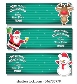 Set of vector  banner with Santa Claus, snowman, deer and hand drawn text Merry Christmas and Happy New Year 2016 on gradient stripped background