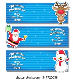 Set of vector banner with Santa Claus, snowman, deer and hand drawn text Merry Christmas and Happy New Year 2016 on gradient stripped background