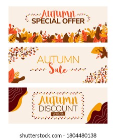 Set vector banner template illustration for autumn sale with floral decoration.