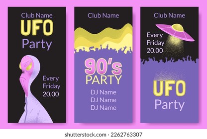 Set of vector banner templates for an event in the style of the nineties with a funny alien and a flying saucer. UFO party. Flat style illustrations