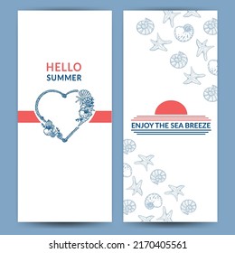 A set of vector banner templates in nautical style. Rope in the shape of a heart. Shells and starfish drawn by hand in sketch style. Sunset of the sun. Greeting card. Beach party. 