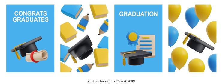 Set of vector banners 3d of Graduate college, high school or university cap with paper scroll with badge, diploma, medal, certificate award on the background of pencils and books. Realistic