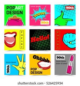 Set of vector banners in 80s-90s pop art comic style. Lips, hand gestures, smile, purse, lipstick