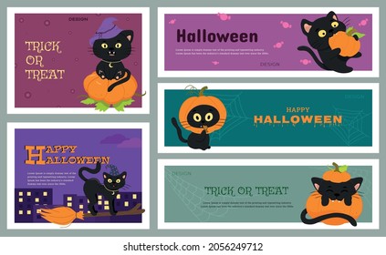 A set of vector banners for advertising or invitations with cute black cats and a pumpkin for Halloween