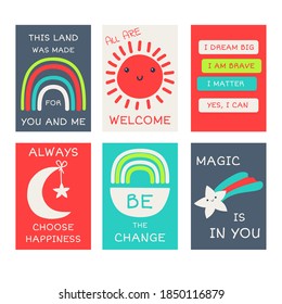 Set of vector banners with affirmations for kids playroom. Cute inspirational card with colorful rainbow, star and sun and lettering. Motivational quote for greeting card, invitation, poster, nursery