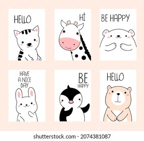 Set of vector banners with affirmations for kids playroom. Inspirational card with cute animals - polar bear, giraffe, penguin, cat, bunny. Motivational quote for greeting card, poster, nursery. EPS8