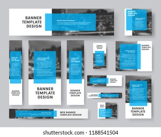 set of vector banners of all sizes with a rectangular blue transparent dice for text and a place for photos. White design for the web.